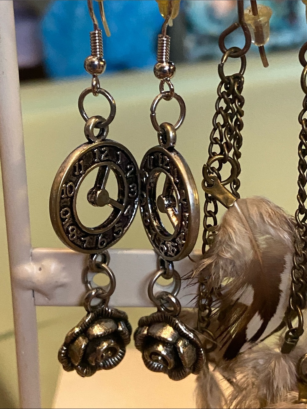 Handmade Vintage-Inspired Silver Clock & Rose Drop Earrings - Women Jewelry